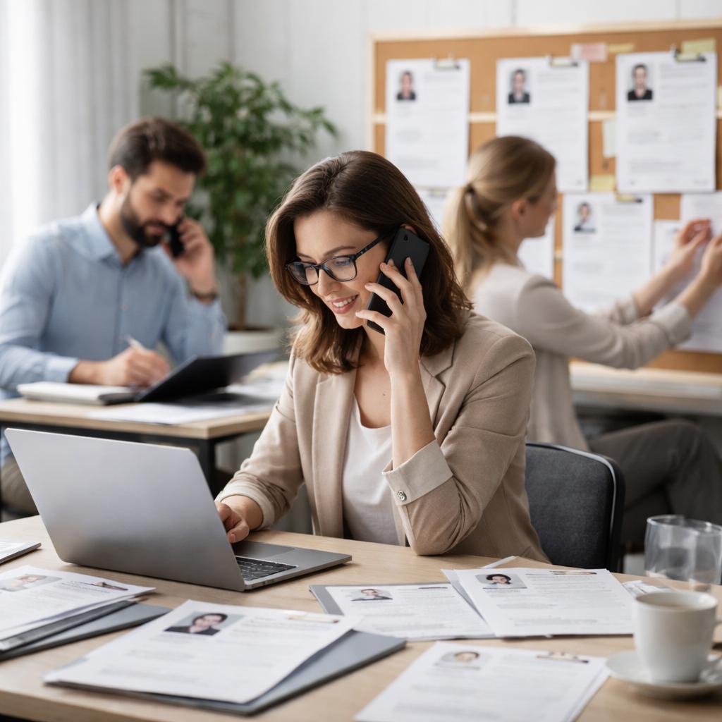 Сотрудники в офисе одновременно работают с резюме, ведут переговоры и координируют подбор кандидатов в условиях высокой рабочей нагрузки.