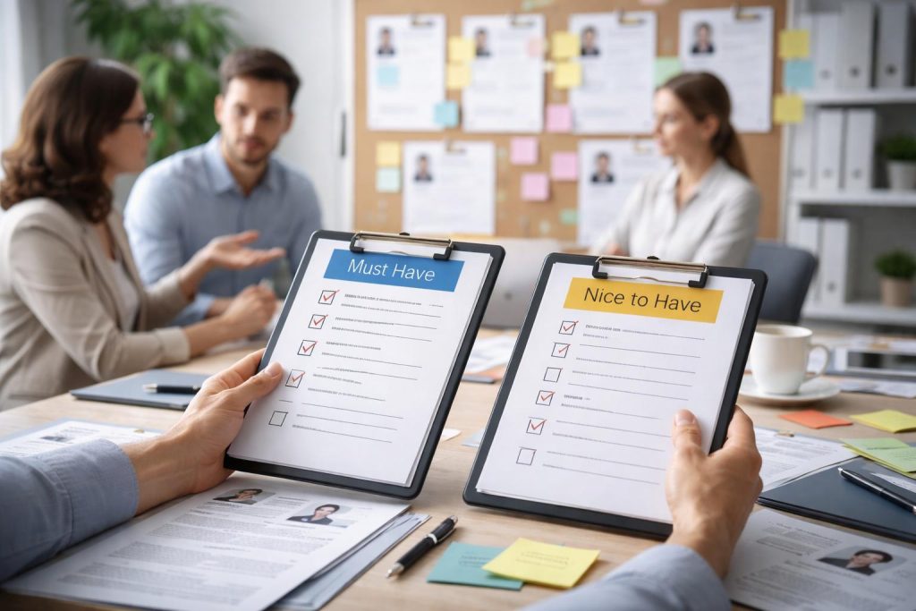 Команда специалистов обсуждает требования к вакансии, выделяя ключевые навыки и оценивая потенциал кандидатов в рабочей обстановке офиса.